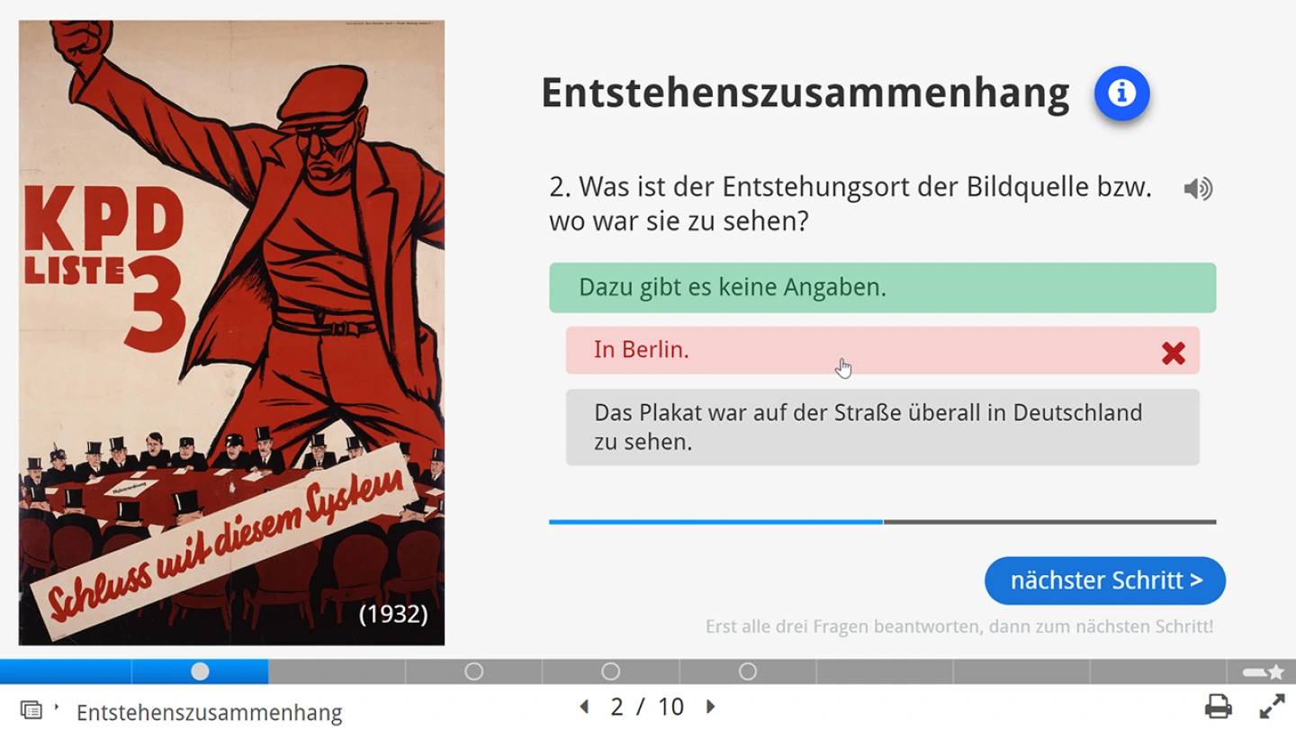 Screenshot: Stark geleitete Karikaturanalyse (H5P-Aktivität mit automatischem Feedback)