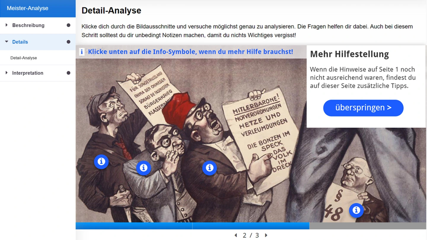 Screenshot: Fakultative Hilfestellungen bei der zweiten Karikaturanalyse (H5P-Aktivität)